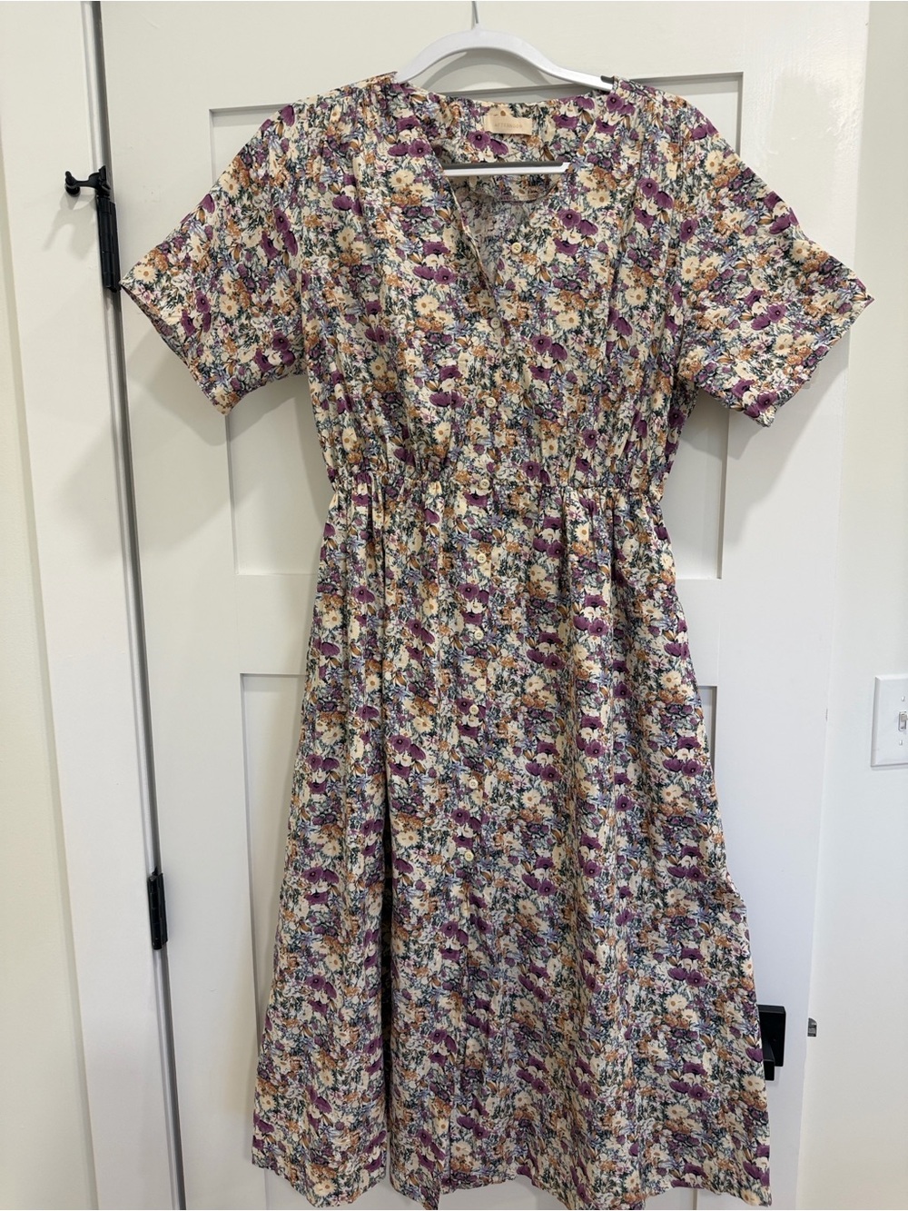 AFTERNOON Anthropologie Floral V-Neck Midi Dress in Purple & Cream